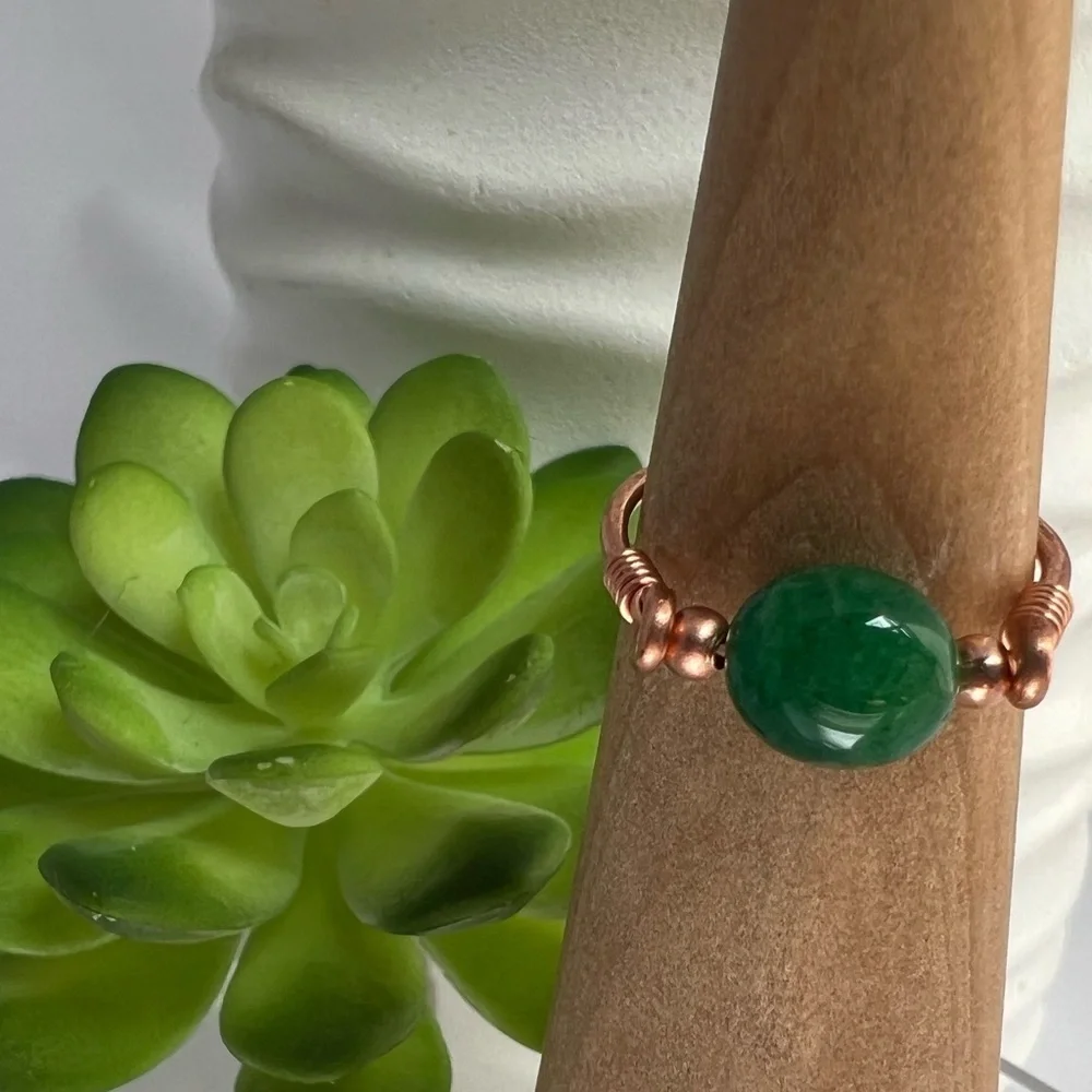 Green Chalcedony Wire Wrapped Copper Ring